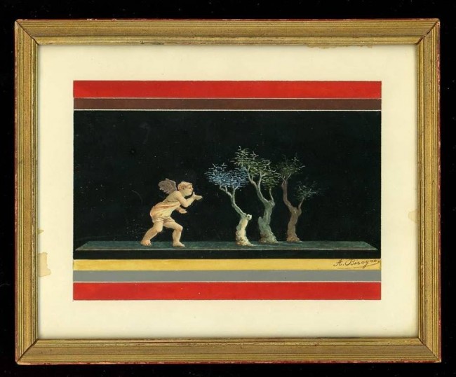 Painting of cupid blowing a kiss to three trees