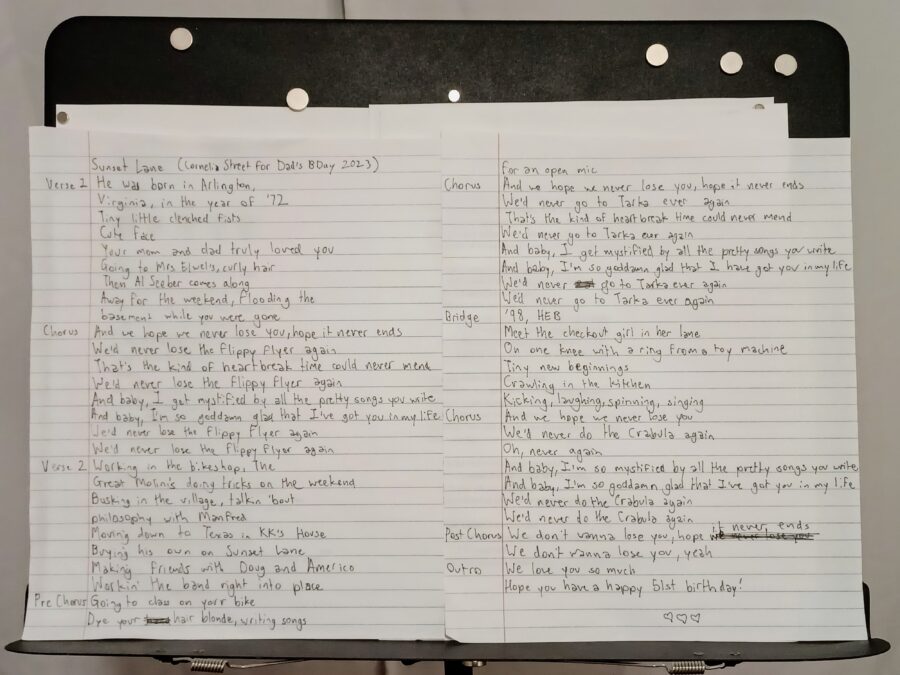 Handwritten lyrics on a music stand